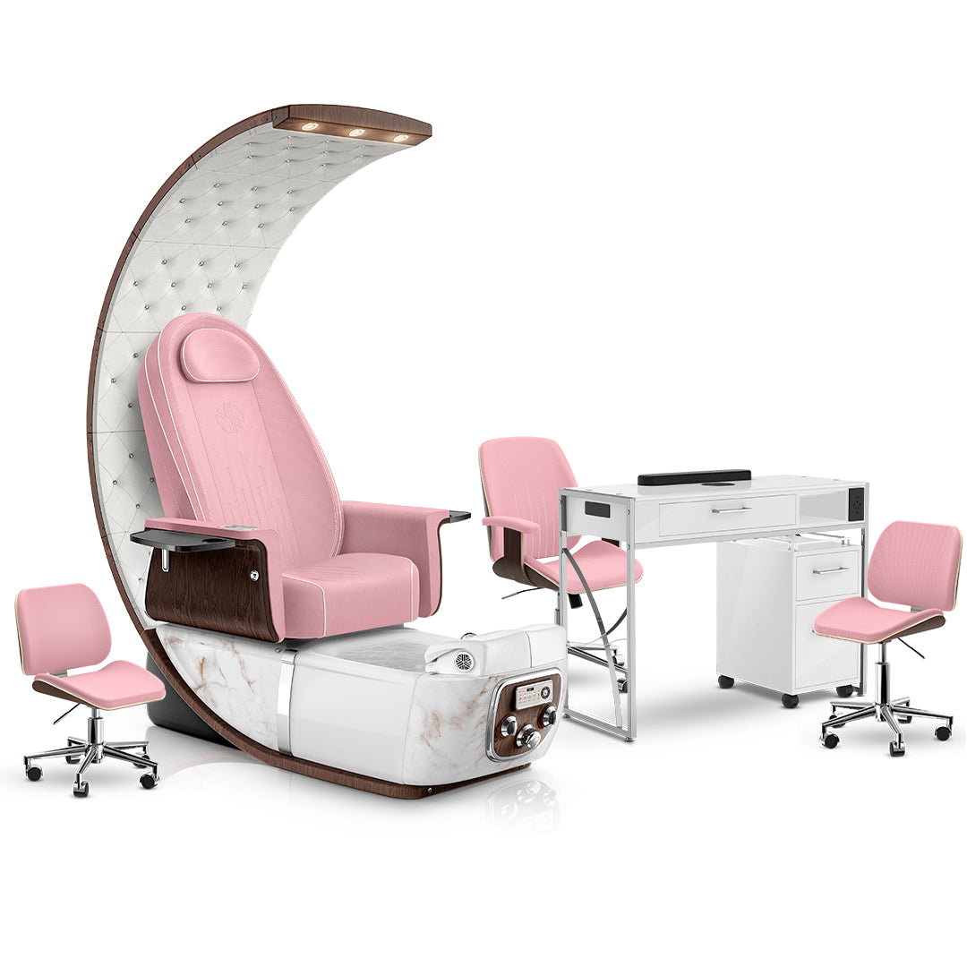 Ice Pink-White Moonstone-Opal-White Lexor PRIVÉ Lounge Pedicure Chair and Matching PRIVÉ Nail Table Set