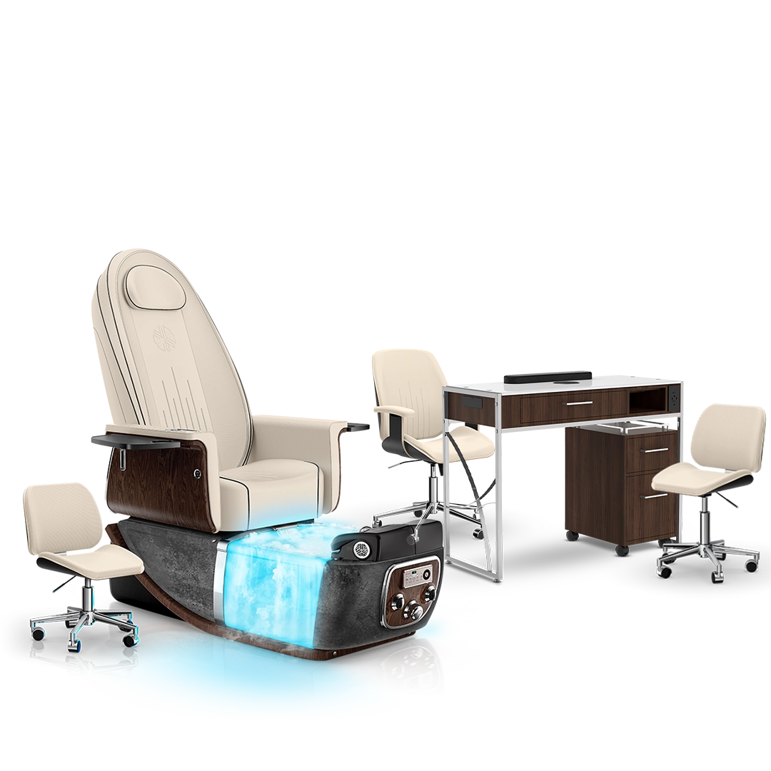 Ivory-Black Moonstone-Dark Walnut Lexor PRIVÉ ONE Pedicure Chair with Thera-Mist and Matching PRIVÉ Nail Table Set