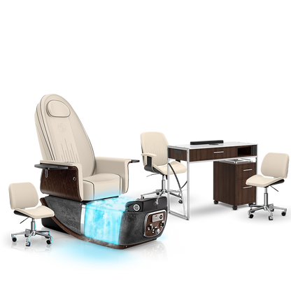 Ivory-Black Moonstone-Dark Walnut Lexor PRIVÉ ONE Pedicure Chair with Thera-Mist and Matching PRIVÉ Nail Table Set
