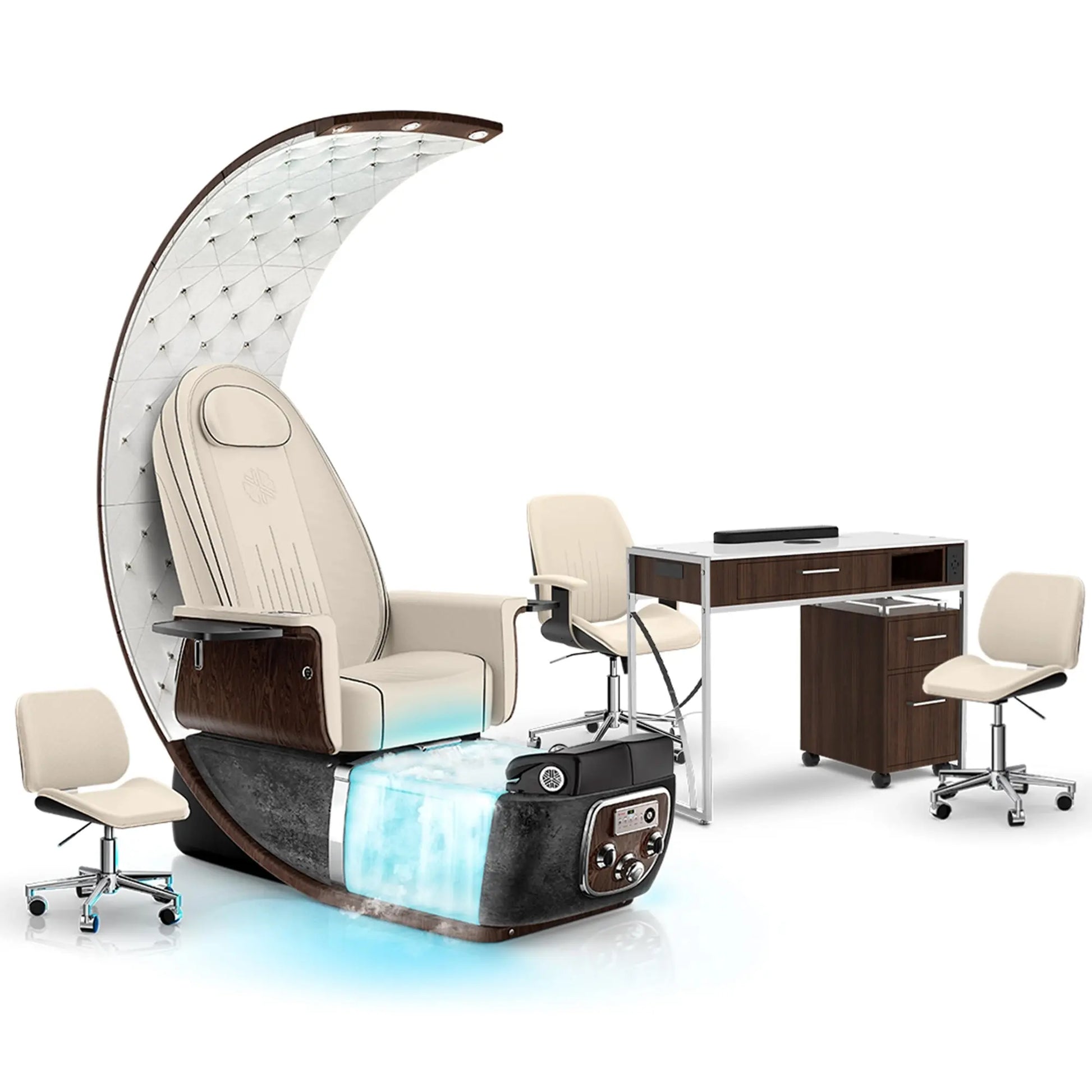Ivory-Black Moonstone-Dark Walnut Lexor PRIVÉ Lounge Pedicure Chair with Thera-Mist and Matching PRIVÉ Nail Table Set