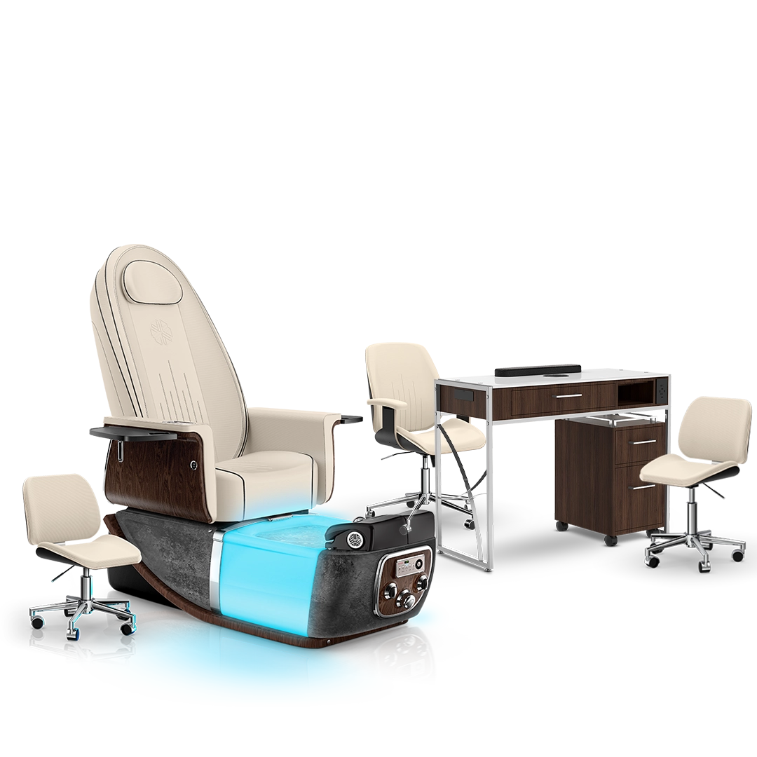 Ivory-Black Moonstone-Dark Walnut Lexor PRIVÉ ONE Pedicure Chair and Matching PRIVÉ Nail Table Set