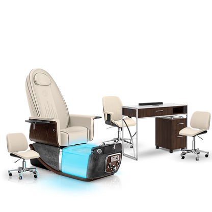 Ivory-Black Moonstone-Dark Walnut Lexor PRIVÉ ONE Pedicure Chair and Matching PRIVÉ Nail Table Set