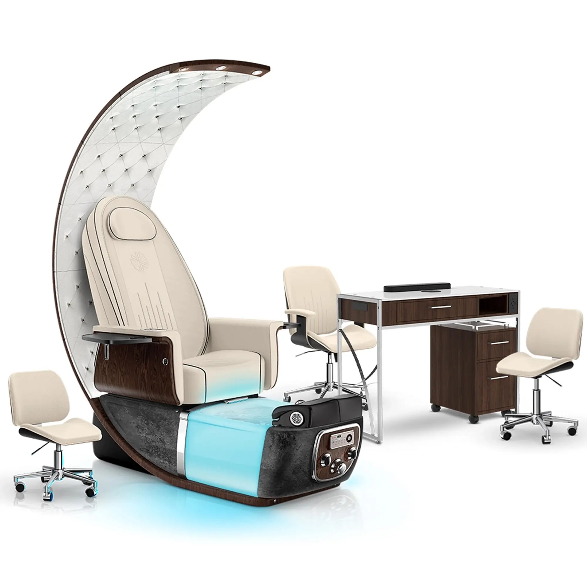 Ivory-Black Moonstone-Dark Walnut Lexor PRIVÉ Lounge Pedicure Chair and Matching PRIVÉ Nail Table Set