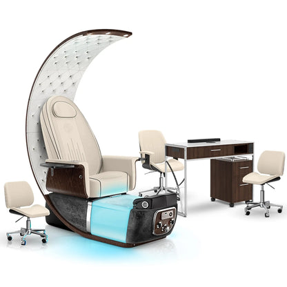 Ivory-Black Moonstone-Dark Walnut Lexor PRIVÉ Lounge Pedicure Chair and Matching PRIVÉ Nail Table Set