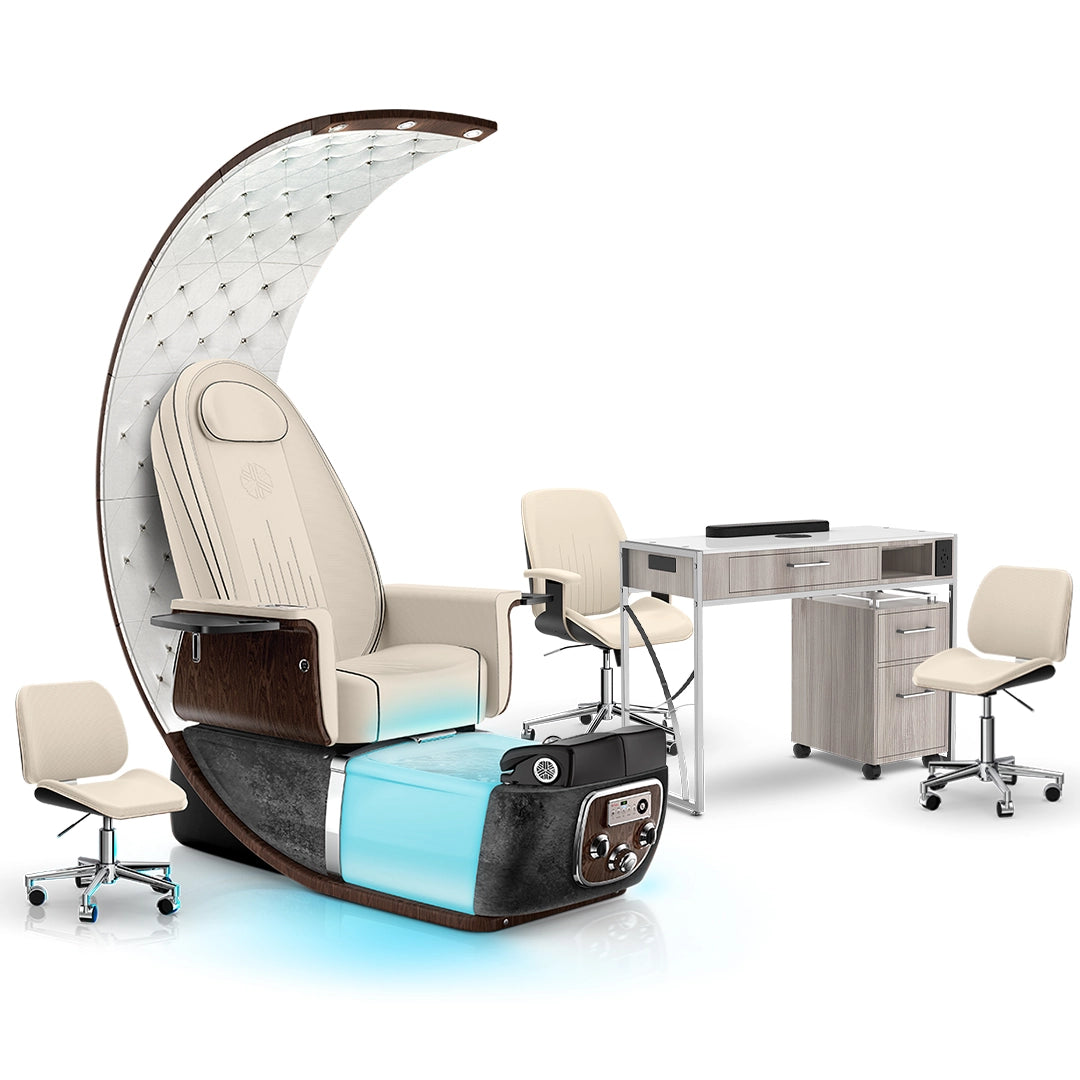 Ivory-Black Moonstone-Hazel Lexor PRIVÉ Lounge Pedicure Chair and Matching PRIVÉ Nail Table Set
