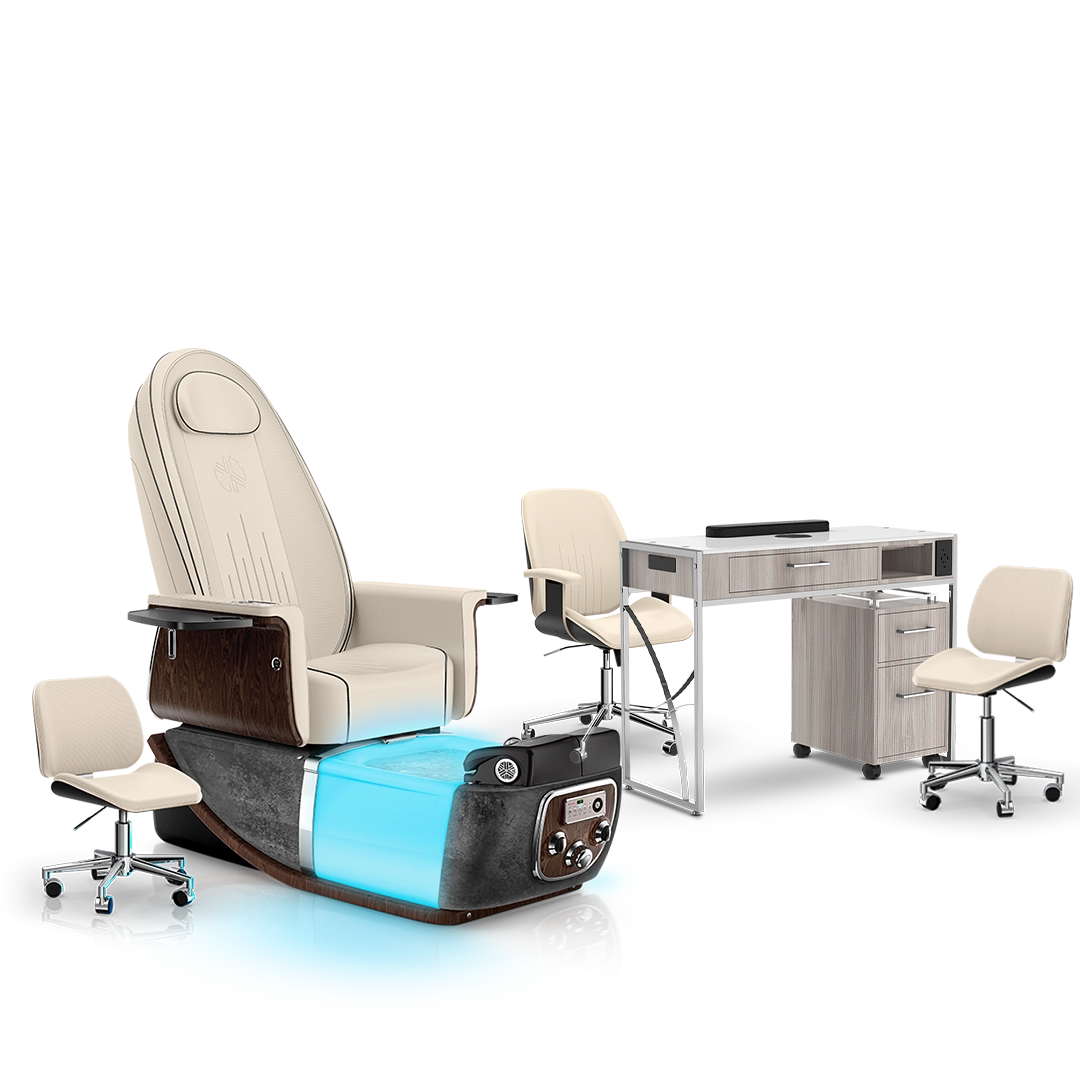 Ivory-Black Moonstone-Hazel Lexor PRIVÉ ONE Pedicure Chair and Matching PRIVÉ Nail Table Set