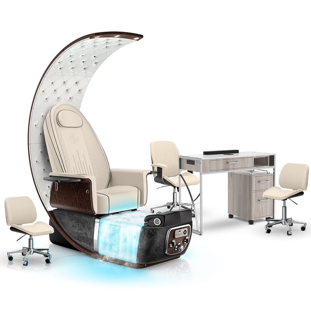 Ivory-Black Moonstone-Hazel Lexor PRIVÉ Lounge Pedicure Chair  with Thera-Mist and Matching PRIVÉ Nail Table Set
