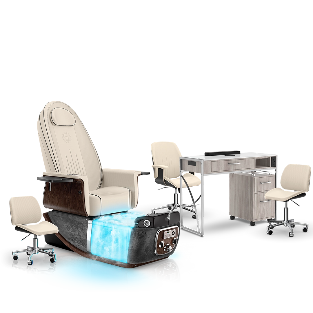 Ivory-Black Moonstone-Hazel Lexor PRIVÉ ONE Pedicure Chair with Thera-Mist and Matching PRIVÉ Nail Table Set