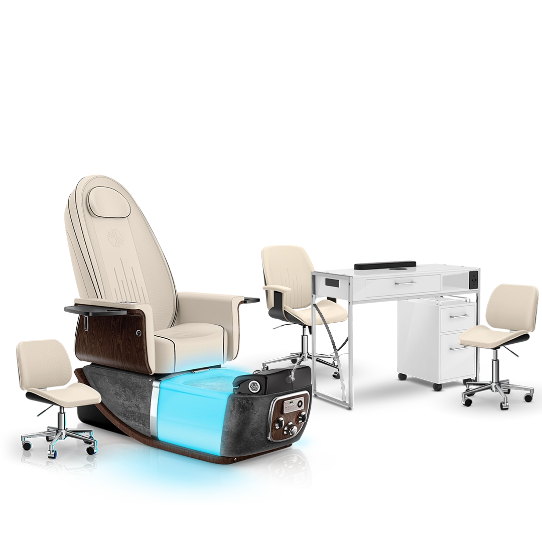 Ivory-Black Moonstone-White Lexor PRIVÉ ONE Pedicure Chair and Matching PRIVÉ Nail Table Set