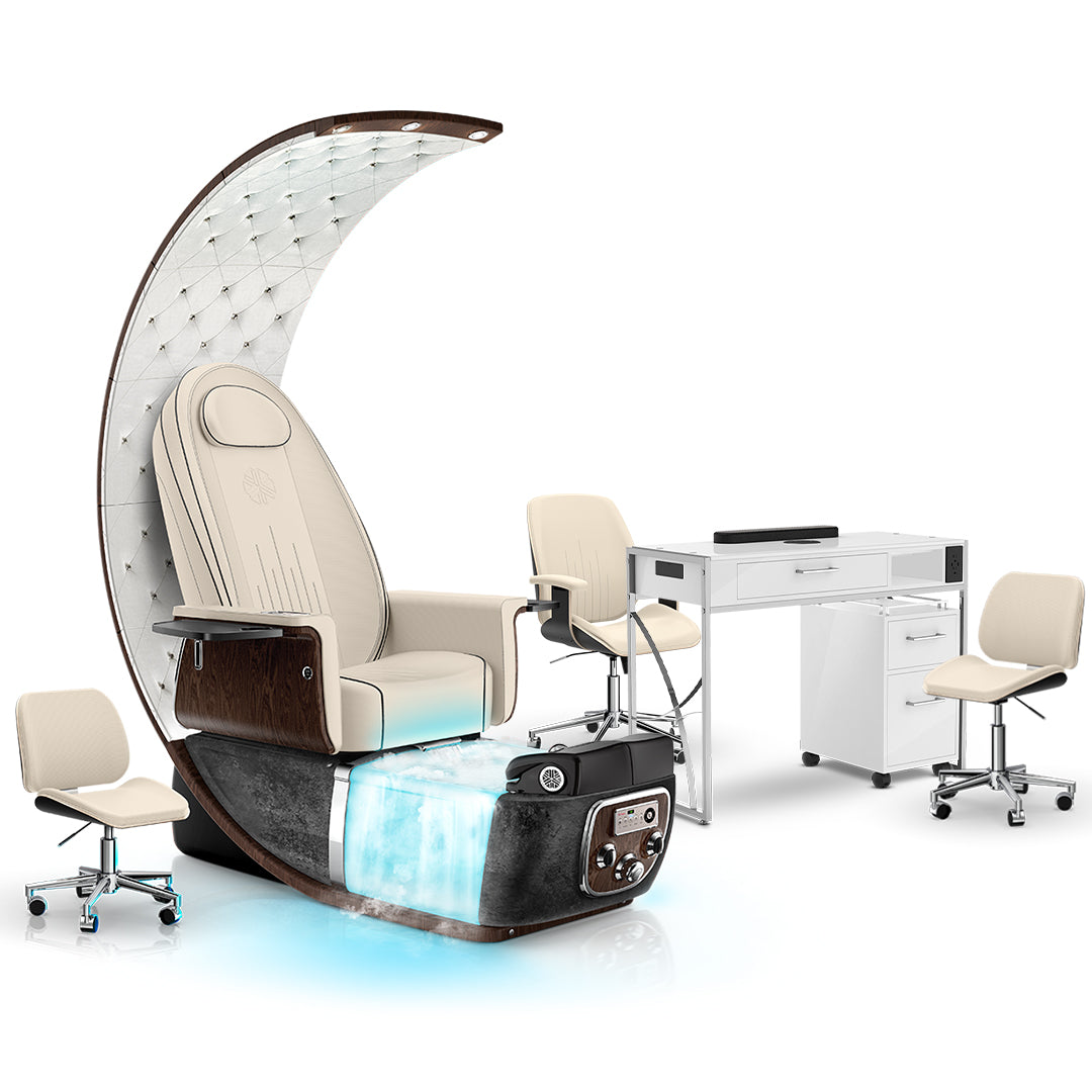 Ivory-Black Moonstone-White Lexor PRIVÉ Lounge Pedicure Chair  with Thera-Mist and Matching PRIVÉ Nail Table Set