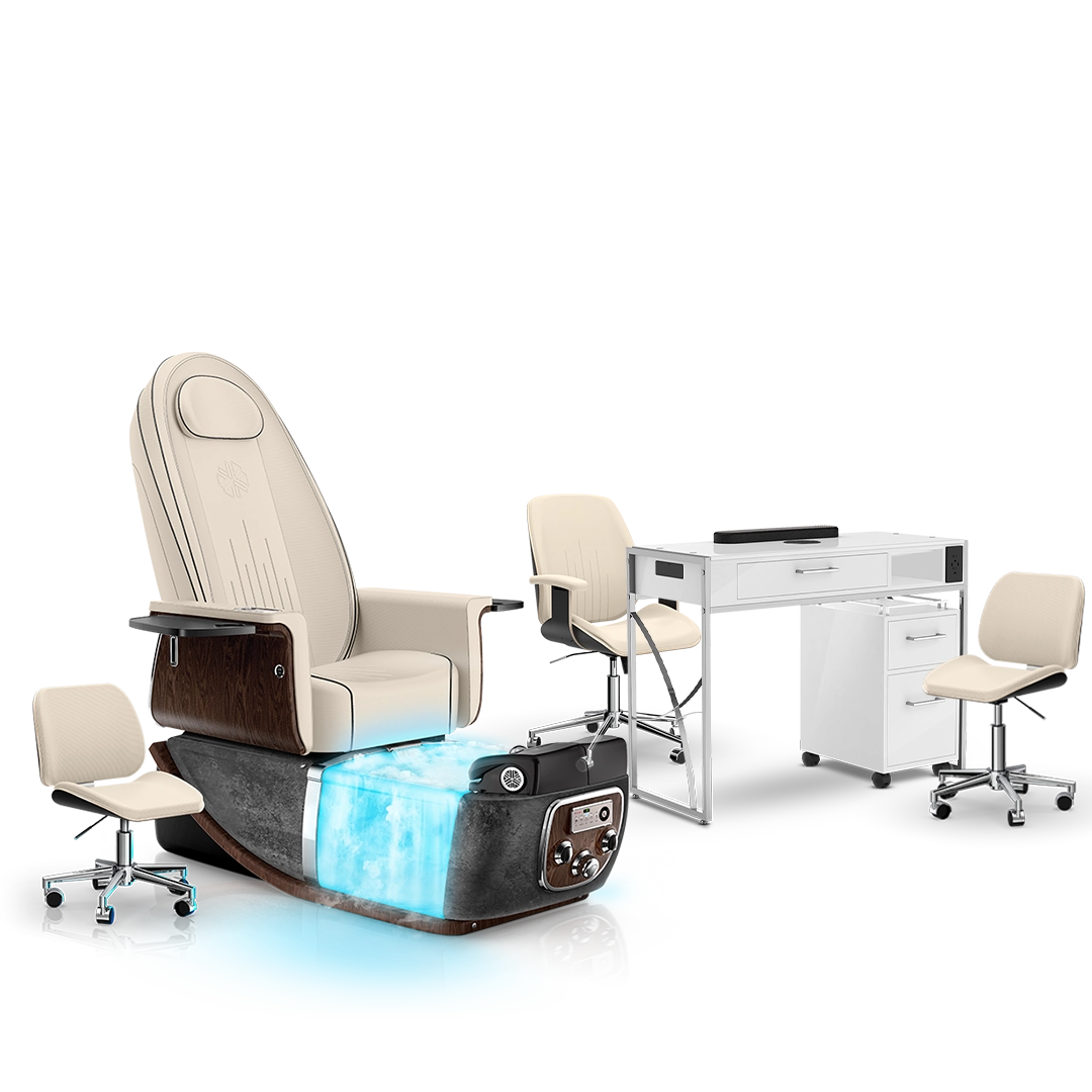 Ivory-Black Moonstone-White Lexor PRIVÉ ONE Pedicure Chair with Thera-Mist and Matching PRIVÉ Nail Table Set