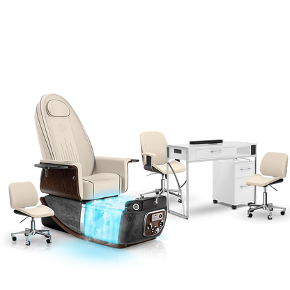 Ivory-Black Moonstone-White Lexor PRIVÉ ONE Pedicure Chair with Thera-Mist and Matching PRIVÉ Nail Table Set