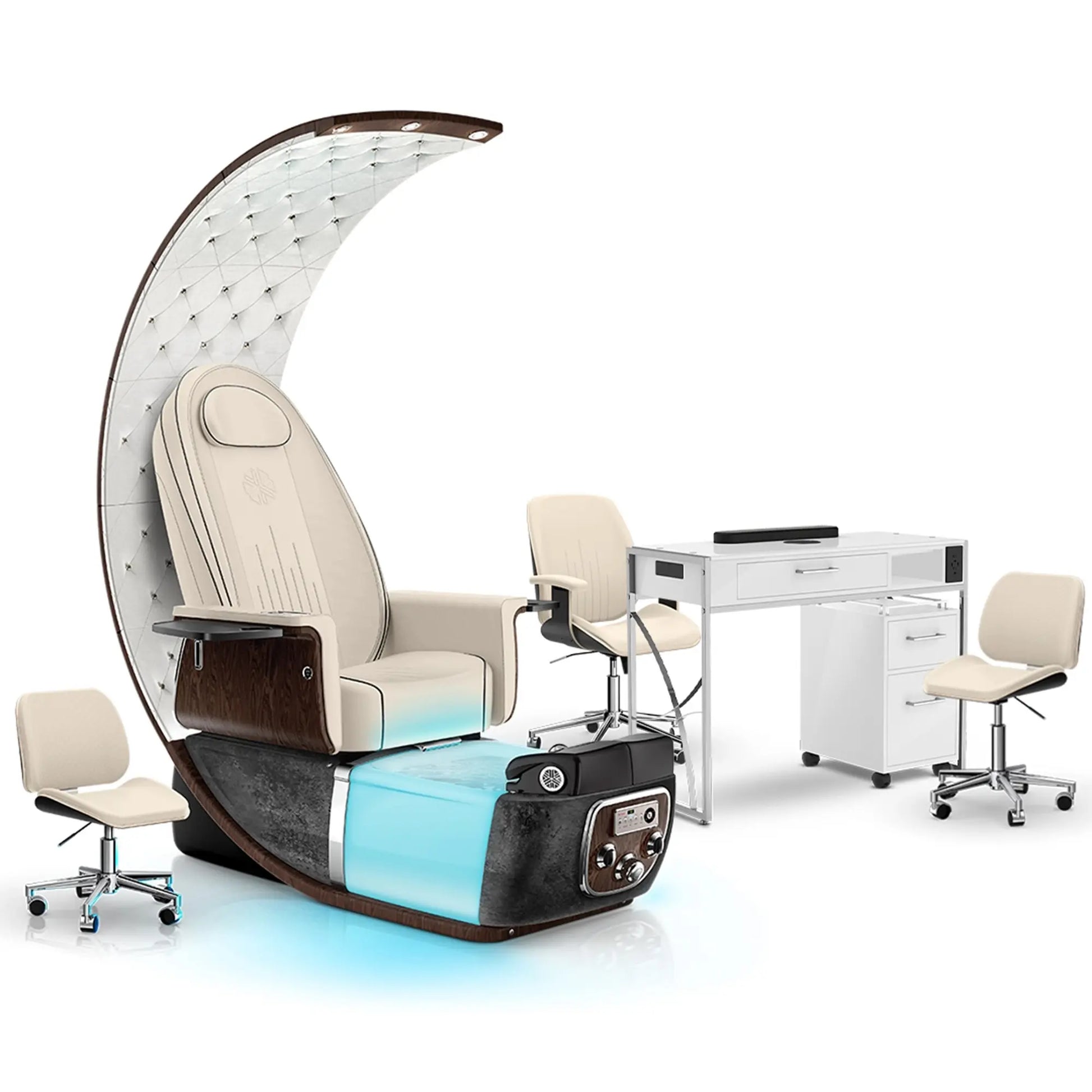 Ivory-Black Moonstone-White Lexor PRIVÉ Lounge Pedicure Chair and Matching PRIVÉ Nail Table Set