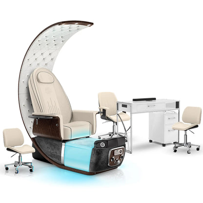 Ivory-Black Moonstone-White Lexor PRIVÉ Lounge Pedicure Chair and Matching PRIVÉ Nail Table Set