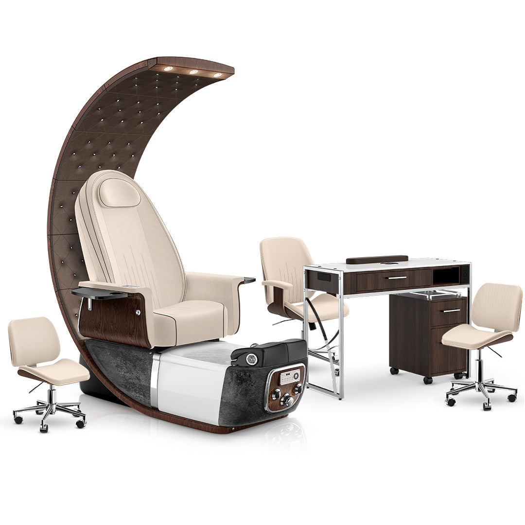 Ivory-Black Moonstone-Dark Walnut Lexor PRIVÉ Lounge Pedicure Chair and Matching PRIVÉ Nail Table Set