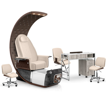 Ivory-Black Moonstone-Hazel Lexor PRIVÉ Lounge Pedicure Chair and Matching PRIVÉ Nail Table Set