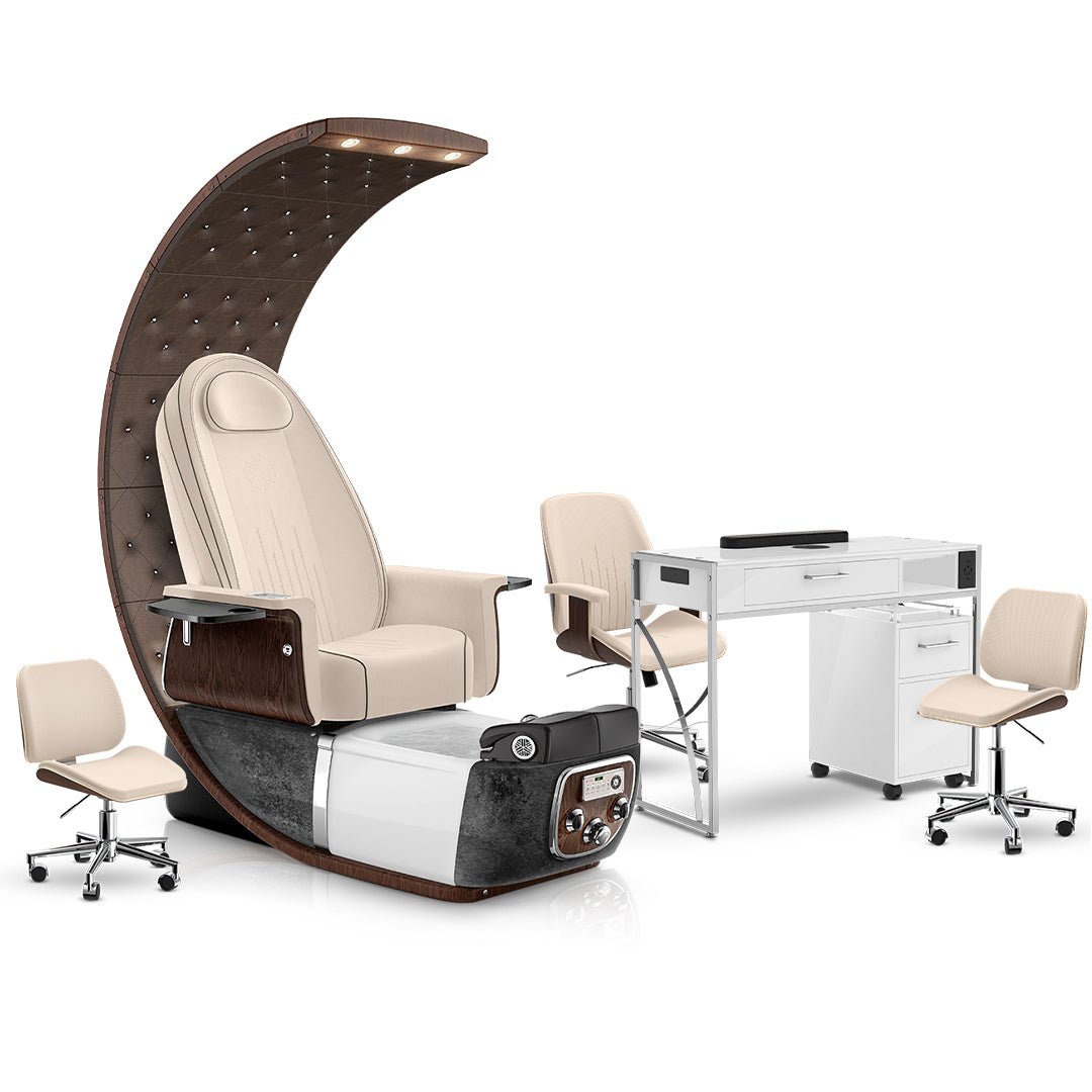 Ivory-Black Moonstone-White Lexor PRIVÉ Lounge Pedicure Chair and Matching PRIVÉ Nail Table Set