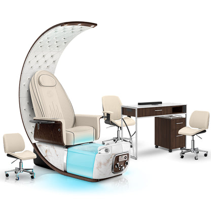 Ivory-White Moonstone-Dark Walnut Lexor PRIVÉ Lounge Pedicure Chair and Matching PRIVÉ Nail Table Set