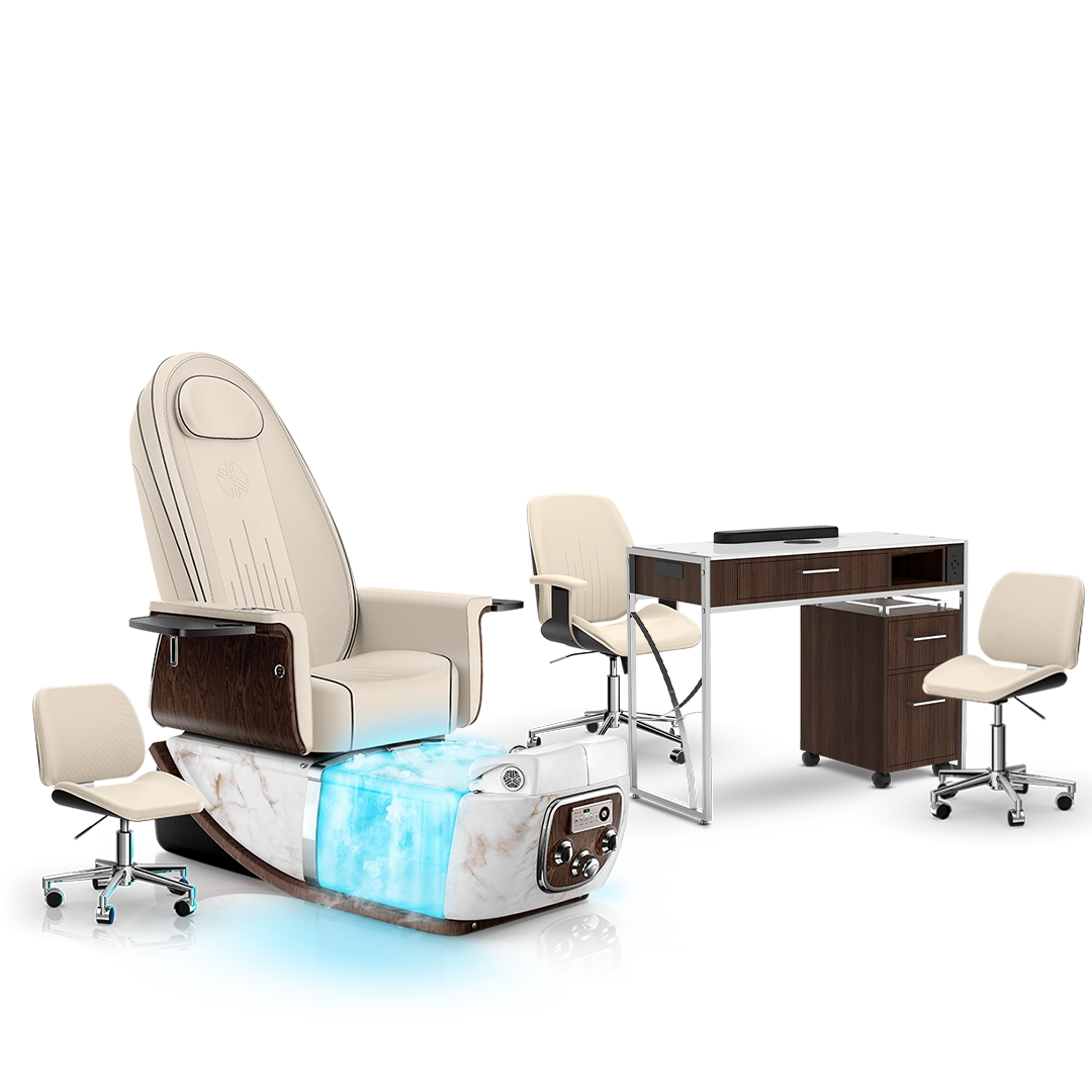 Ivory-White Moonstone-Dark Walnut Lexor PRIVÉ ONE Pedicure Chair with Thera-Mist and Matching PRIVÉ Nail Table Set