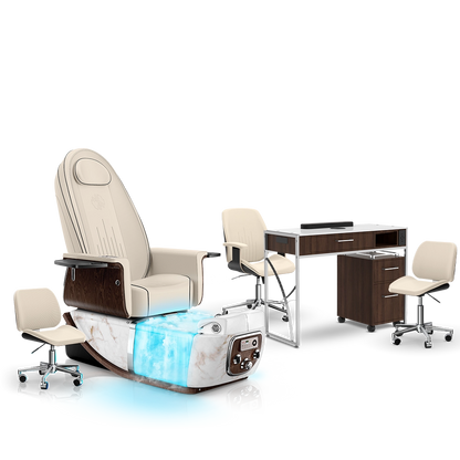 Ivory-White Moonstone-Dark Walnut Lexor PRIVÉ ONE Pedicure Chair with Thera-Mist and Matching PRIVÉ Nail Table Set