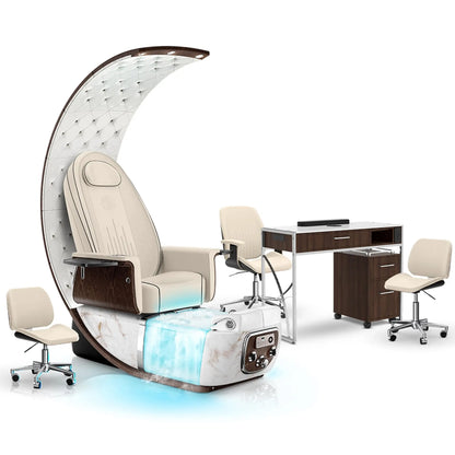 Ivory-White Moonstone-Dark Walnut Lexor PRIVÉ Lounge Pedicure Chair with Thera-Mist and Matching PRIVÉ Nail Table Set
