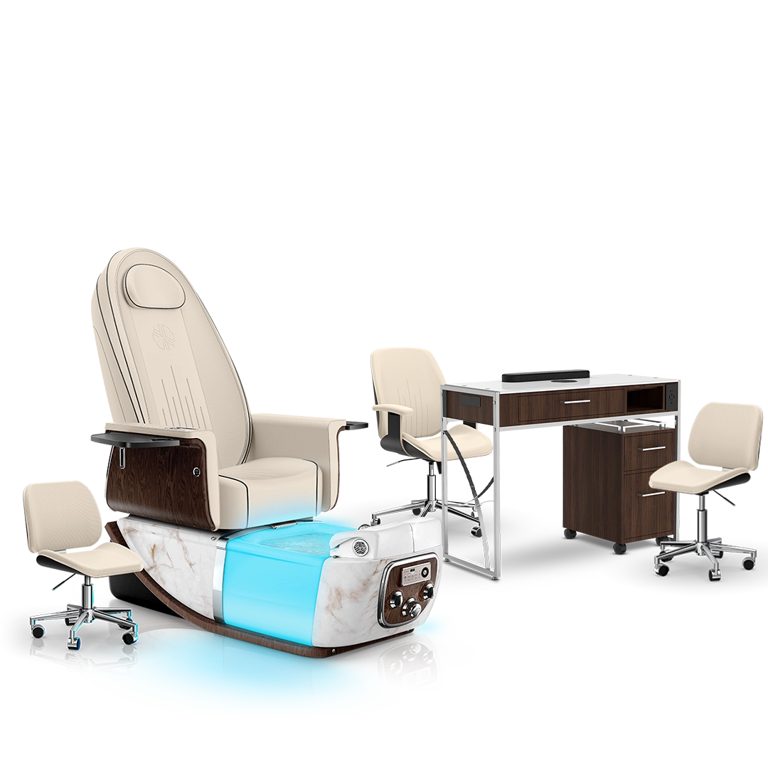 Ivory-White Moonstone-Dark Walnut Lexor PRIVÉ ONE Pedicure Chair and Matching PRIVÉ Nail Table Set
