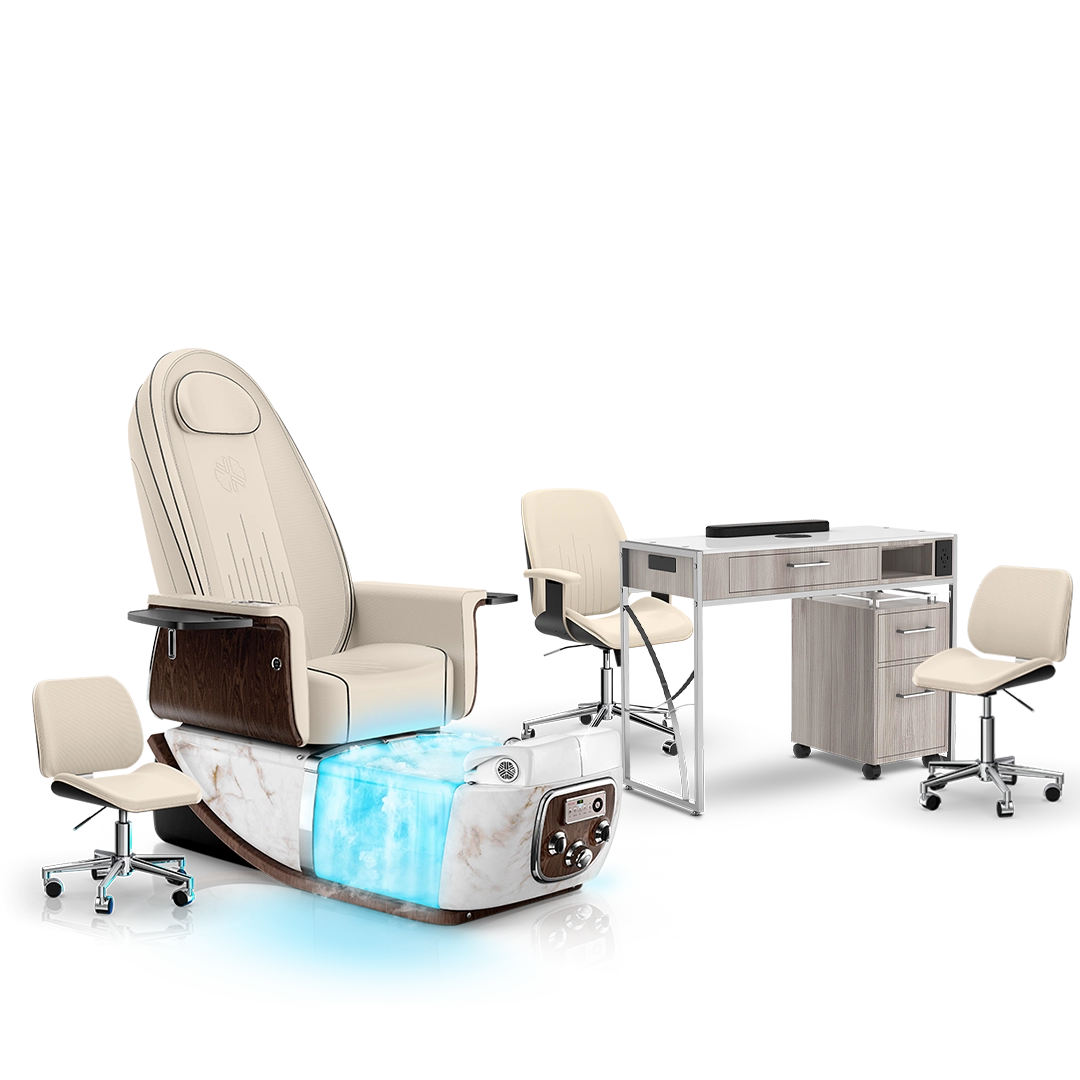 Ivory-White Moonstone-Hazel Lexor PRIVÉ ONE Pedicure Chair with Thera-Mist and Matching PRIVÉ Nail Table Set
