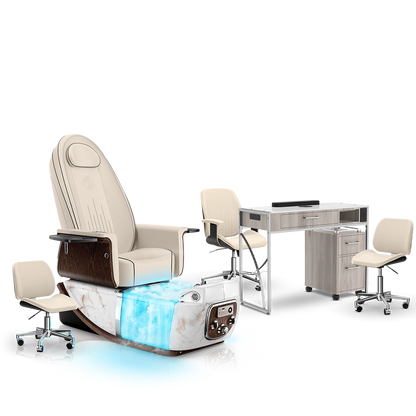 Ivory-White Moonstone-Hazel Lexor PRIVÉ ONE Pedicure Chair with Thera-Mist and Matching PRIVÉ Nail Table Set
