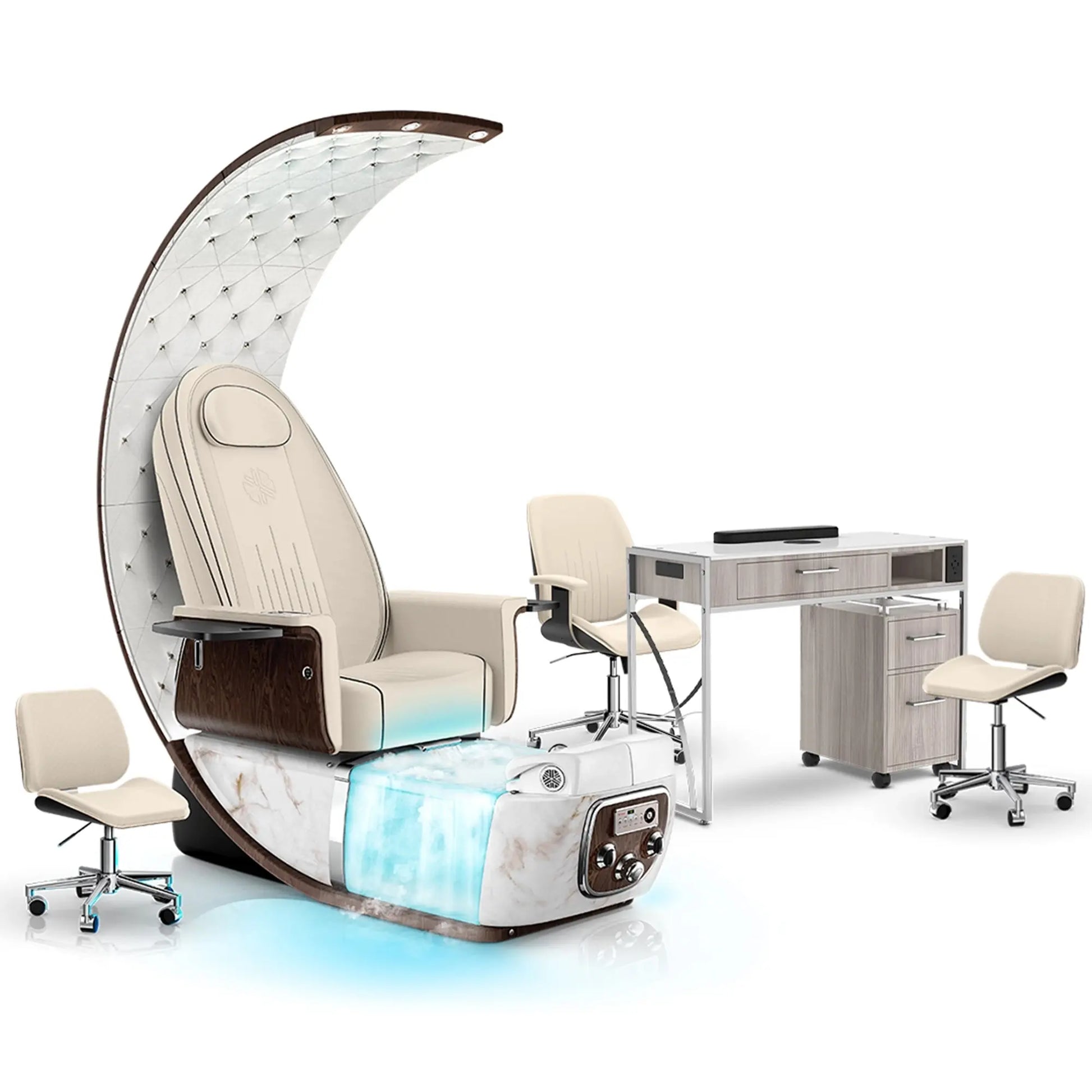 Ivory-White Moonstone-Hazel Lexor PRIVÉ Lounge Pedicure Chair with Thera-Mist and Matching PRIVÉ Nail Table Set
