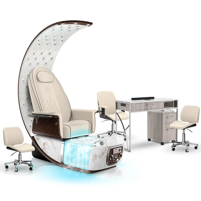 Ivory-White Moonstone-Hazel Lexor PRIVÉ Lounge Pedicure Chair with Thera-Mist and Matching PRIVÉ Nail Table Set