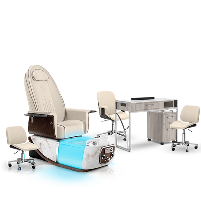 Ivory-White Moonstone-Hazel Lexor PRIVÉ ONE Pedicure Chair and Matching PRIVÉ Nail Table Set