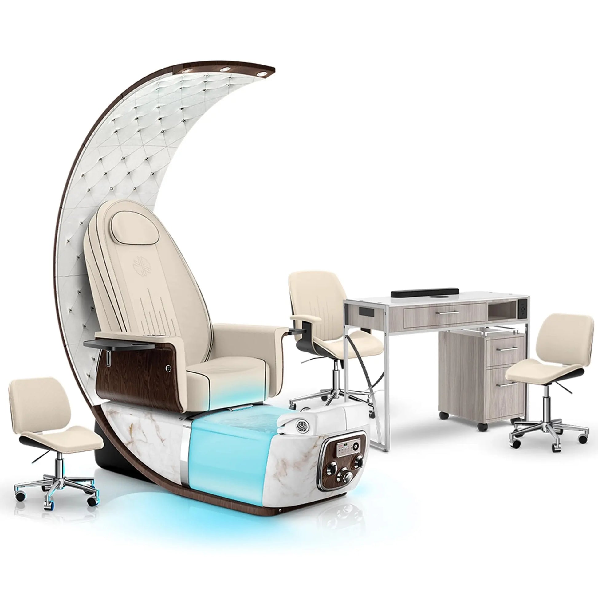 Ivory-White Moonstone-Hazel Lexor PRIVÉ Lounge Pedicure Chair and Matching PRIVÉ Nail Table Set