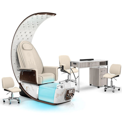 Ivory-White Moonstone-Hazel Lexor PRIVÉ Lounge Pedicure Chair and Matching PRIVÉ Nail Table Set