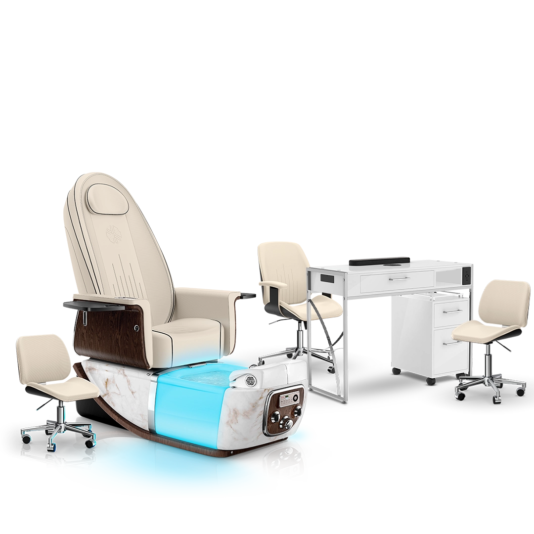 Ivory-White Moonstone-White Lexor PRIVÉ ONE Pedicure Chair and Matching PRIVÉ Nail Table Set