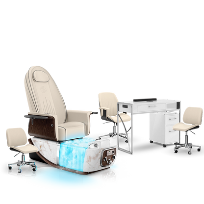 Ivory-White Moonstone-White Lexor PRIVÉ ONE Pedicure Chair with Thera-Mist and Matching PRIVÉ Nail Table Set