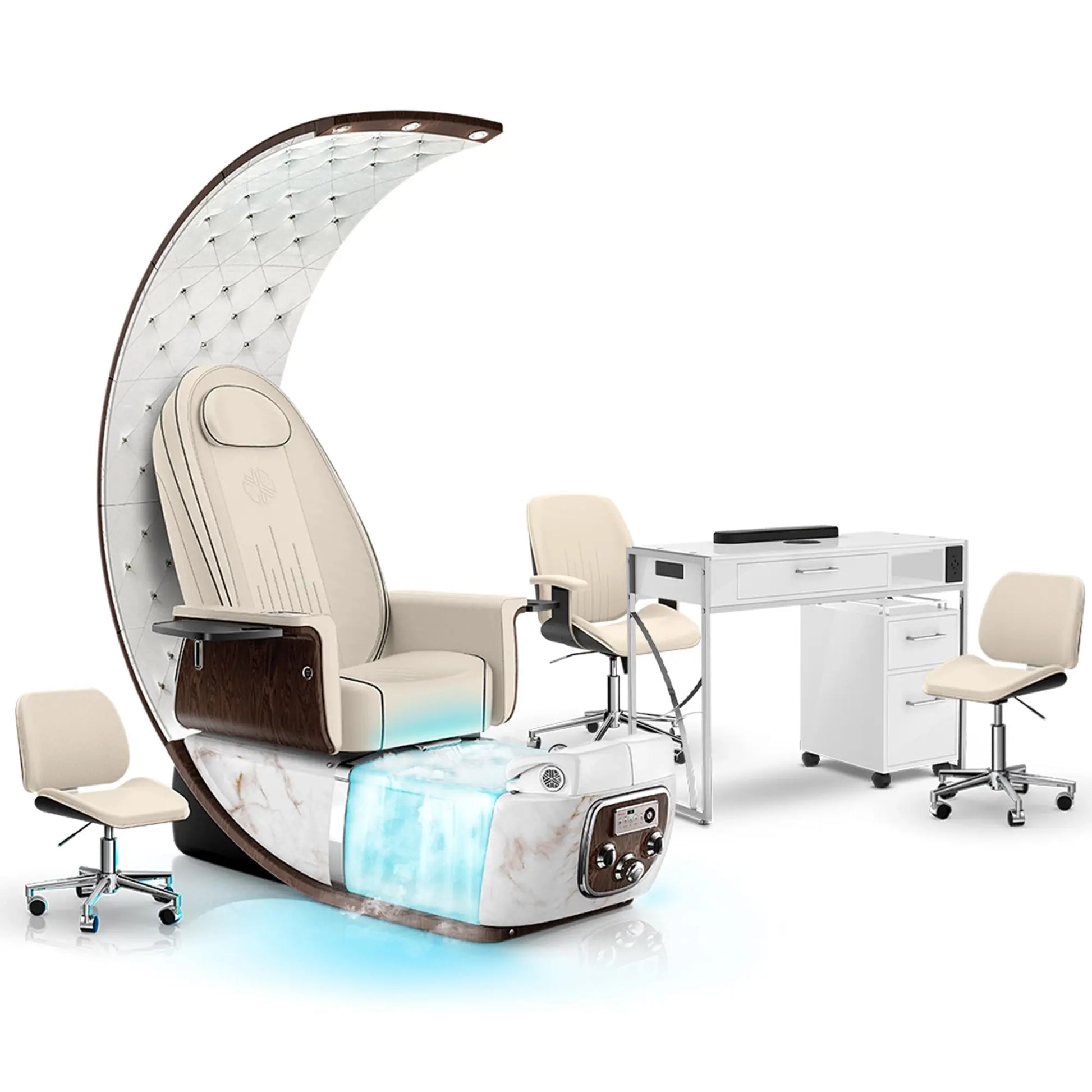 Ivory-White Moonstone-White Lexor PRIVÉ Lounge Pedicure Chair with Thera-Mist and Matching PRIVÉ Nail Table Set