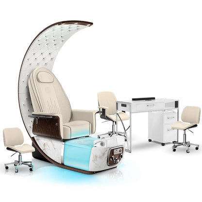 Ivory-White Moonstone-White Lexor PRIVÉ Lounge Pedicure Chair and Matching PRIVÉ Nail Table Set