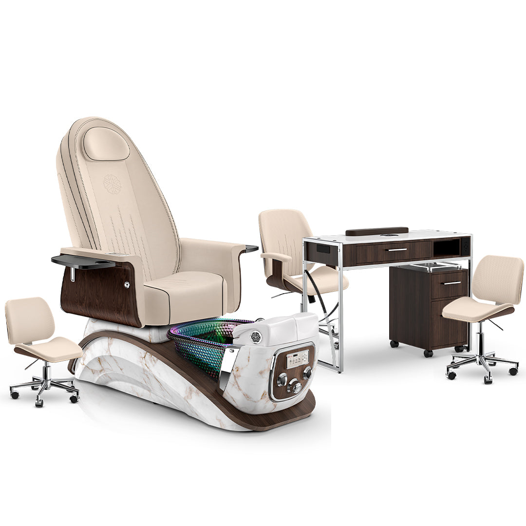 Ivory-White Moonstone-Dark Walnut Lexor Mystique Pedicure Chair and Matching Nail Table Set