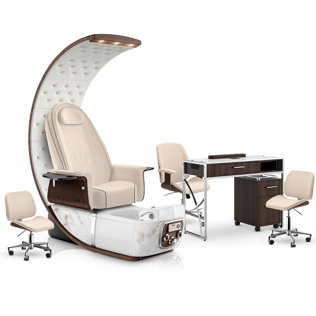 Ivory-White Moonstone-Dark Walnut Lexor PRIVÉ Lounge Pedicure Chair and Matching PRIVÉ Nail Table Set