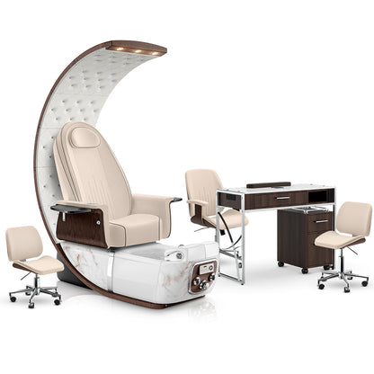 Ivory-White Moonstone-Dark Walnut Lexor PRIVÉ Lounge Pedicure Chair and Matching PRIVÉ Nail Table Set