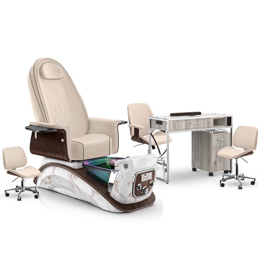 Ivory-White Moonstone-Hazel Lexor Mystique Pedicure Chair and Matching Nail Table Set