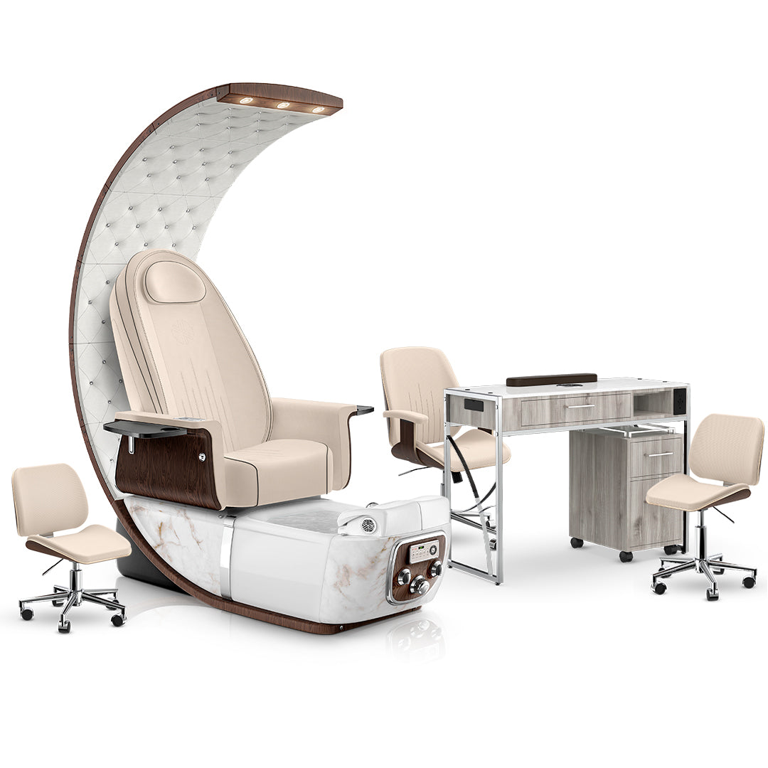 Ivory-White Moonstone-Hazel Lexor PRIVÉ Lounge Pedicure Chair and Matching PRIVÉ Nail Table Set