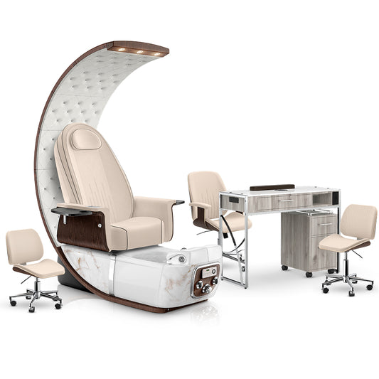 Ivory-White Moonstone-Hazel Lexor PRIVÉ Lounge Pedicure Chair and Matching PRIVÉ Nail Table Set