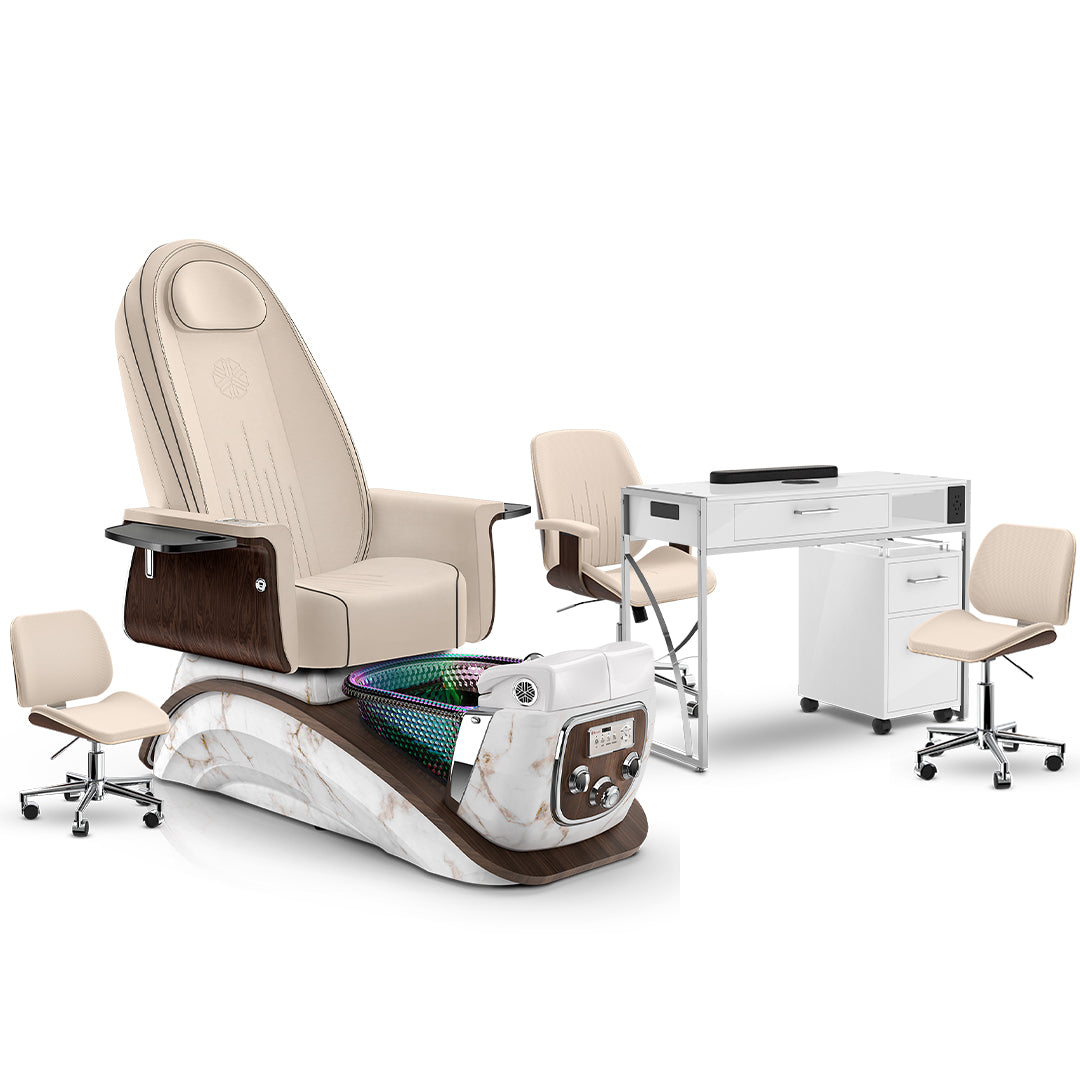 Ivory-White Moonstone-White Lexor Mystique Pedicure Chair and Matching Nail Table Set