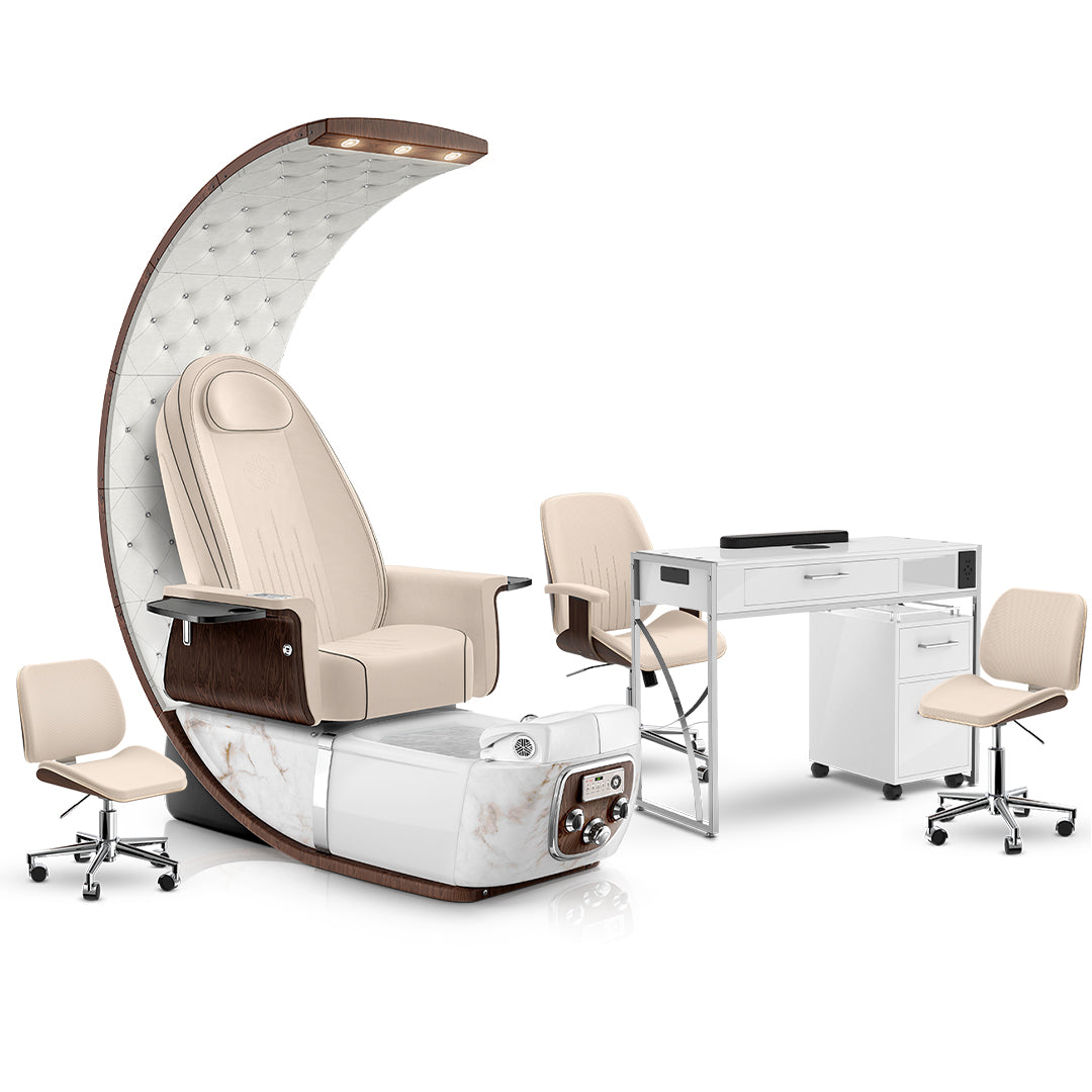 Ivory-White Moonstone-White Lexor PRIVÉ Lounge Pedicure Chair and Matching PRIVÉ Nail Table Set