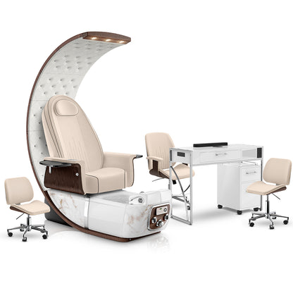 Ivory-White Moonstone-White Lexor PRIVÉ Lounge Pedicure Chair and Matching PRIVÉ Nail Table Set