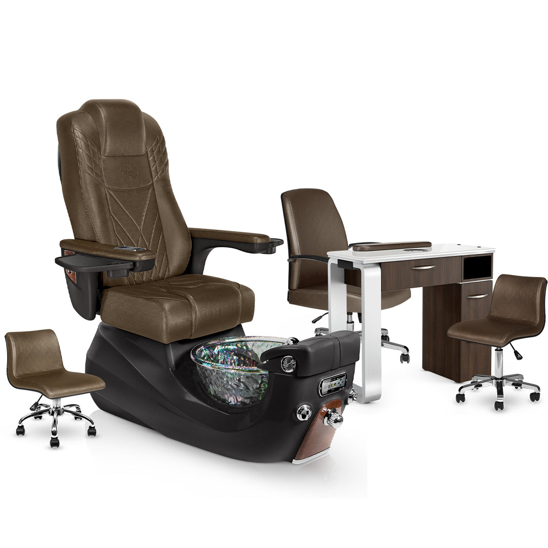 Cola-Espresso-Dark Walnut Lexor Liberté Pedicure Chair and VM312 Nail Table Set