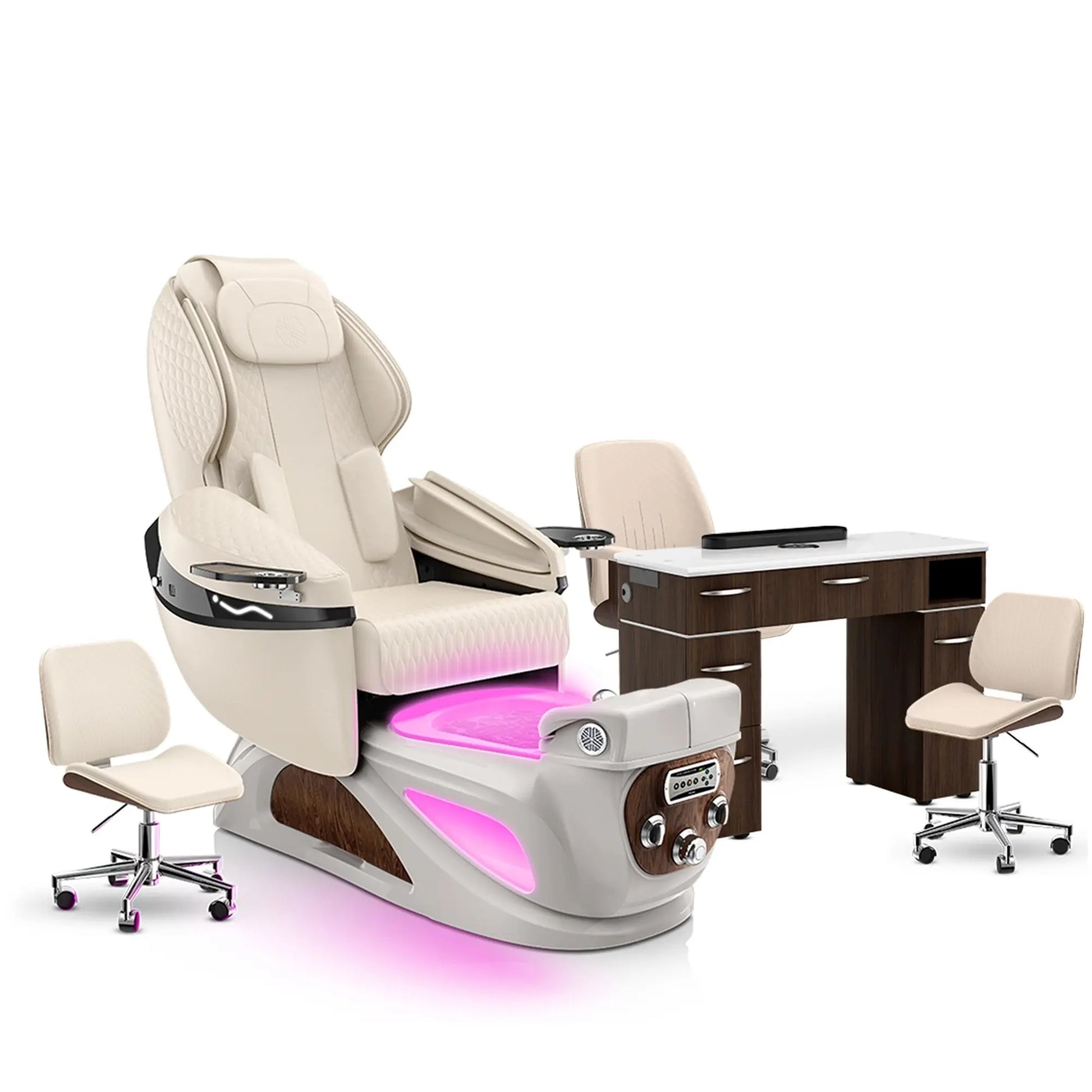 Ivory-Sandstone-Dark Walnut Lexor Liberté Pedicure Chair and Nail Table Set