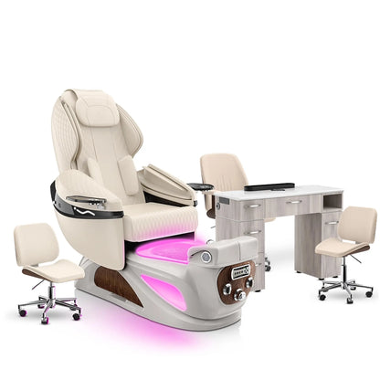 Ivory-Sandstone-Hazel Lexor Liberté Pedicure Chair and Nail Table Set