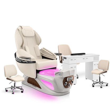 Ivory-White Pearl-White Lexor Liberté Pedicure Chair and Nail Table Set